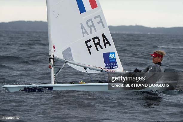 French Jean-Baptiste Bernaz takes part in the Sailing World Cup round men's Laser competition in Hyeres, southern France, on May 1, 2016. / AFP /...