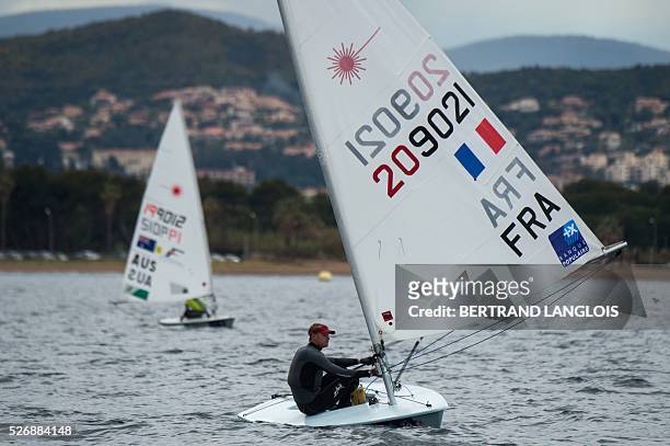 French Jean-Baptiste Bernaz takes part in the Sailing World Cup round men's Laser competition in Hyeres, southern France, on May 1, 2016. / AFP /...