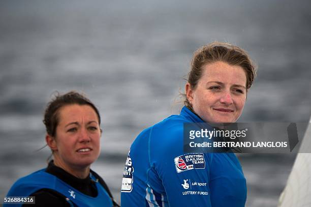 British Sophie Weguelin and Eilidh McIntyre take part in the Sailing World Cup round Women's 470 competition in Hyeres, southern France, on May 1,...