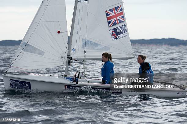 British Sophie Weguelin and Eilidh McIntyre take part in the Sailing World Cup round Women's 470 competition in Hyeres, southern France, on May 1,...