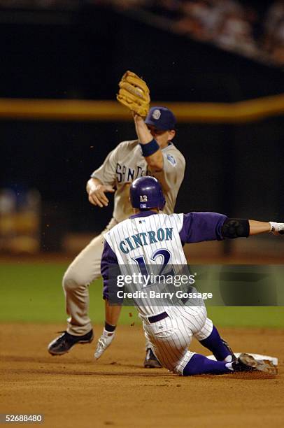 Second baseman Mark Loretta of the San Diego Padres tags out Alex Cintron of the Arizona Diamondbacks at Bank One Ballpark on April 23, 2005 in...