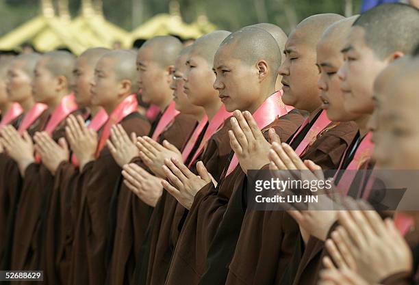 Nuns pray during an unveiling ceremony of Nanshan Guanyin statue in the well-known resort city of Sanya, in China's island province of Hainan, 24...