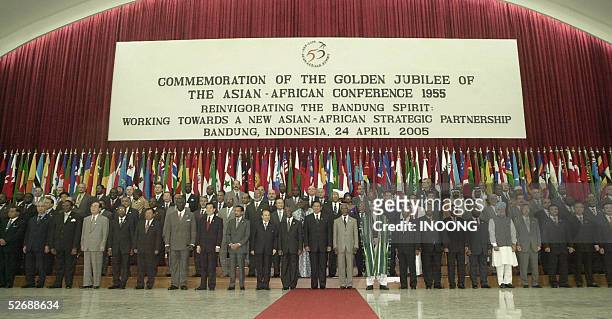 Asian and African leaders pose for a group photo during the commemoration of the golden jubilee of the 1955 Asian-African conference, in Bandung, 24...