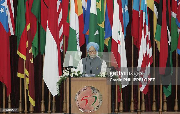 Indian Prime Minister Manmohan Singh addresses the commemoration of the golden jubilee of the 1955 Asian-African conference, in Bandung, 24 April...