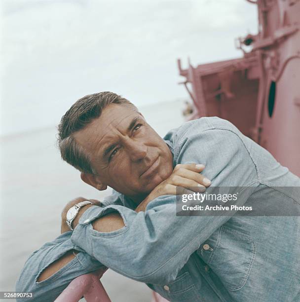 Actor Cary Grant on the deck of a ship, circa 1955.