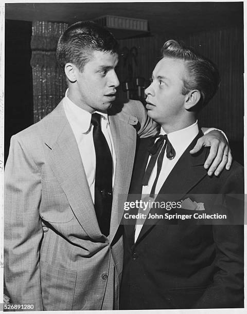 Jerry Lewis and Mel Torme pose with their arms around each other at Ciro's in Hollywood. The two met at the club to watch a performance by Sophie...