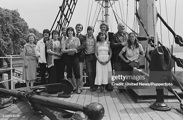 Cast of the television drama series, The Onedin Line posed together on the sailing ship RRS Discovery in London on 13th July 1978. Members of the...