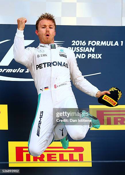 Nico Rosberg of Germany and Mercedes GP celebrates his win on the podium during the Formula One Grand Prix of Russia at Sochi Autodrom on May 1, 2016...