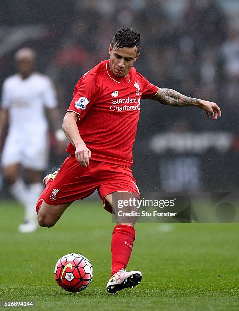 Liverpool player Phillippe Coutinho in action during the Barclays Premier League match between Swansea City and Liverpool at The Liberty Stadium on...