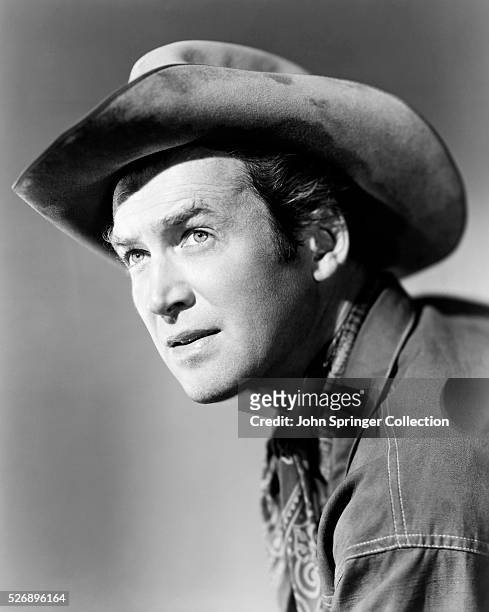 Jimmy Stewart enacts his leading role as Lin McAdams in Universal International's western saga Winchester 73, which tells the story of a prized one...