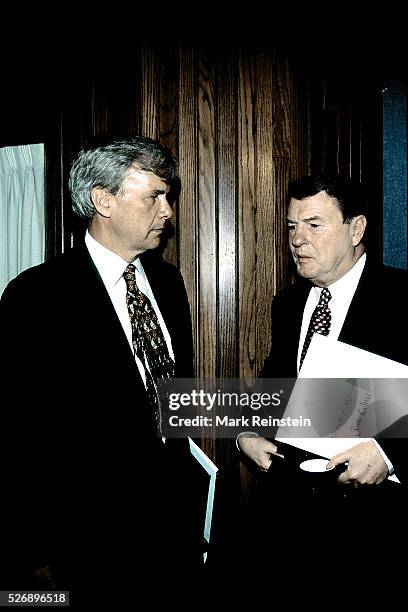 Washington, DC. 1996 Tom Brokaw of NBC and Jim Lehrer of PBS at the National Press Club. Credit: Mark Reinstein