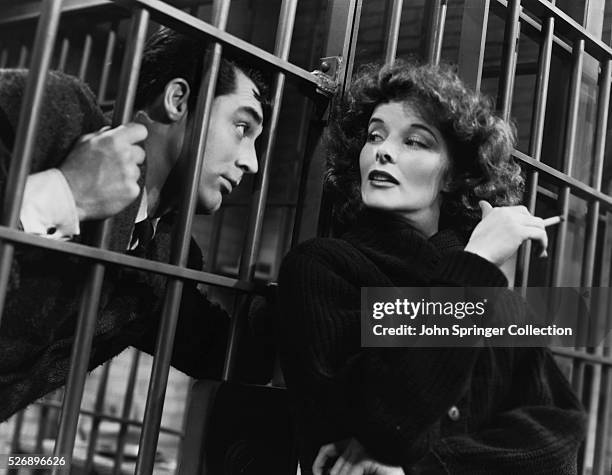 Cary Grant as David Huxley and Katharine Hepburn as Susan Vance in the 1938 comedy Bringing Up Baby.