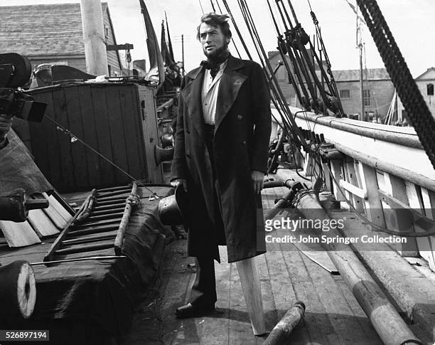 Gregory Peck as Captain Ahab aboard the fictional Pequod whaling ship.