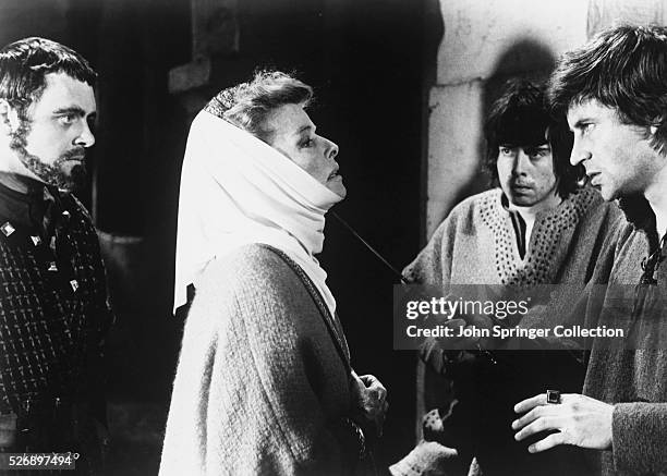 Anthony Hopkins as Richard, Katharine Hepburn as Eleanor of Aquitaine, Nigel Terry John, and John Castle as Geoffrey in 1968 film The Lion in Winter.