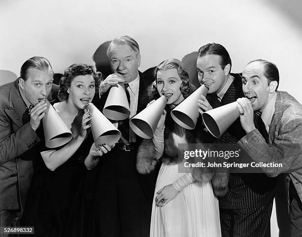 The cast of the 1938 film The Big Broadcast of 1938 : Rufe Davis, Martha Raye, W.C. Fields, Shirley Ross, Bob Hope, and Ben Blue.