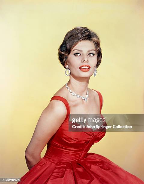 Sophia Loren Italian film star wearing red dress. Undated photograph.