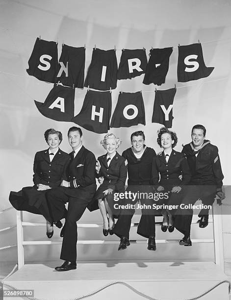 Esther Williams, Barry Sullivan, Vivian Blaine, Keefe Brasselle, Joan Evans and Dean Miller in Skirts Ahoy! 1952.