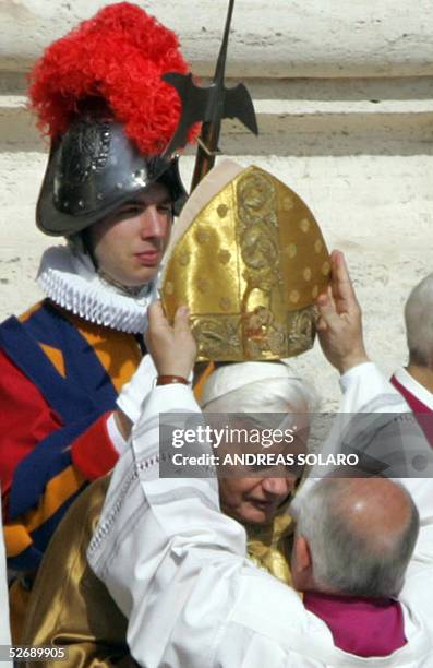 Vatican: Pope Benedict XVI wears his miter during his first mass in St Peter's Square at the Vatican 24 April 2005. Hundreds of thousands of pilgrims...