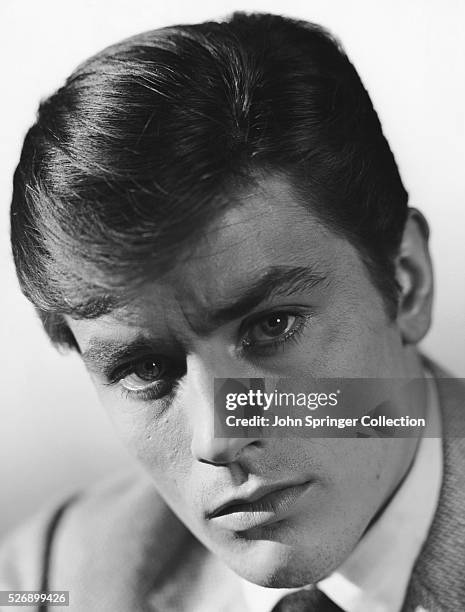 Head shot portrait of French actor Alain Delon. Undated Photograph.