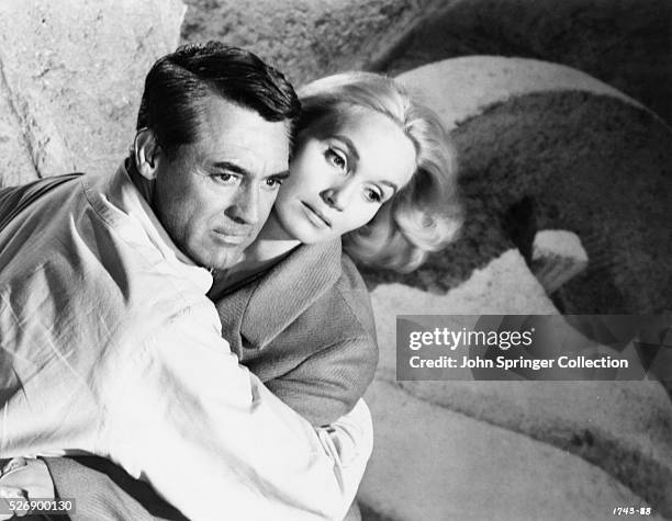 Cary Grant as Roger Thornhill and Eva Marie Saint as Eve Kendall in Alfred Hitchcock's 1959 thriller North by Northwest.