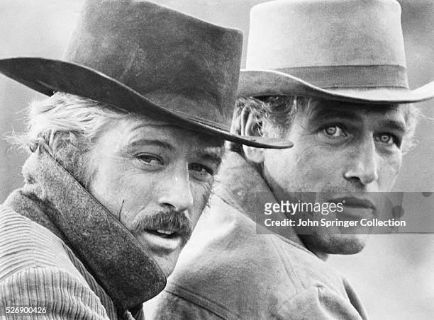 Robert Redford as Sundance Kid and Paul Newman as Butch Cassidy in the 1969 western Butch Cassidy and the Sundance Kid.