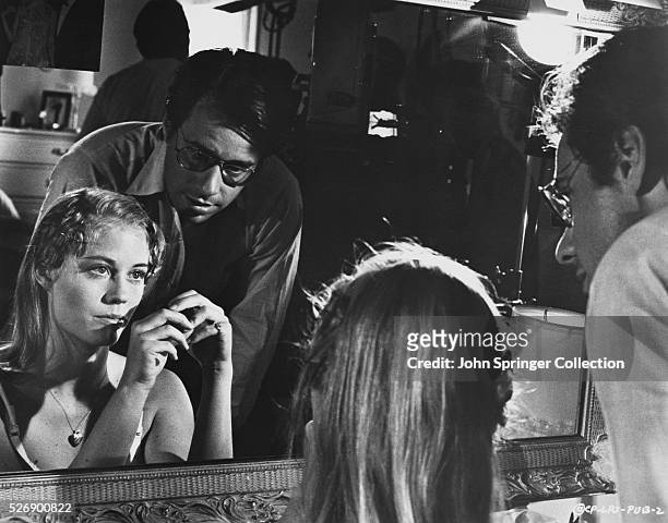 Director Peter Bogdanovich speaks with Cybill Shepherd on the set of the 1971 film The Last Picture Show.