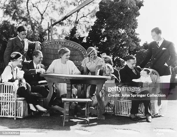 The Barrymore family at a reunion at John Barrymore's home. The get-together was made possible by John, Lionel, and Ethel starring together in the...