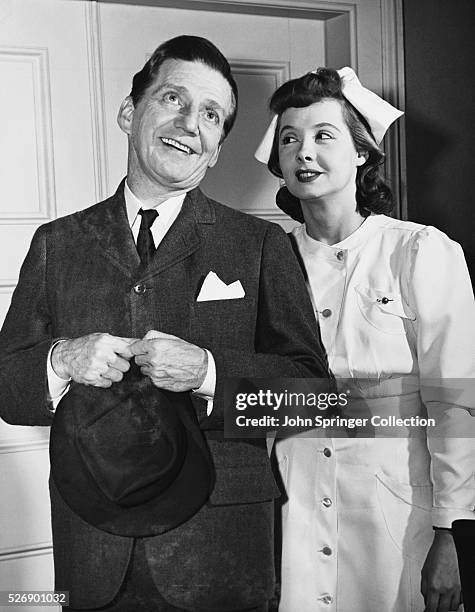 Frank Fay plays Elwood P. Dowd and Janet Tyler plays nurse Ruth Kelly in the Broadway play Harvey. Playwright: Mary Coyle Chase.