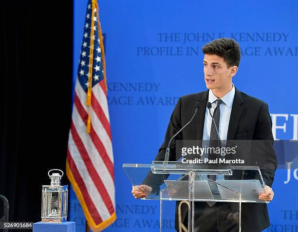 Jack Schlossberg speaks before presenting Connecticut Governor Dannel Malloy with the 2016 John F. Kennedy Profile in Courage Award at The John F....