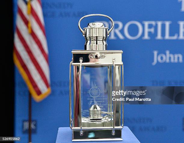The Profile in Courage Award lantern presented to Connecticut Governor Dannel Malloy at the 2016 John F. Kennedy Profile in Courage Award Ceremony at...