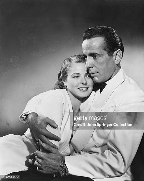 Richard "Rick" Blaine holds a smiling Ilsa Lund Laszlo in the classic love story Casablanca.