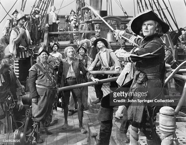 Errol Flynn as doctor turned pirate Peter Blood in the 1935 adventure film Captain Blood.