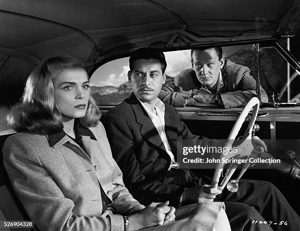 Lizabeth Scott as Paula Haller, John Hodiak as Eddie Bendix, and Wendell Corey as Johnny Ryan in the 1947 film Desert Fury.