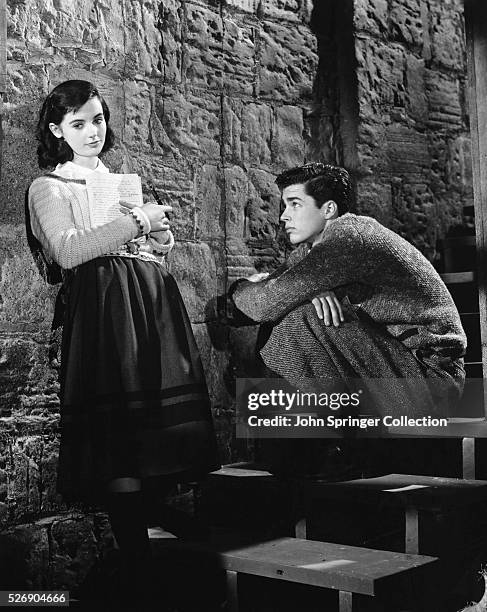 Millie Perkins and Richard Beymer practice a scene for the 1959 film The Diary of Anne Frank, in which they play the respective roles of Anne Frank...