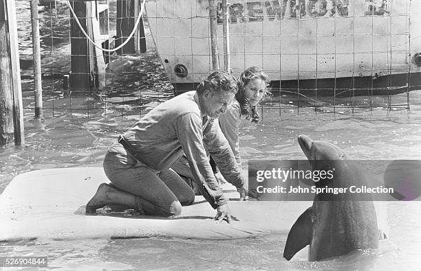 Dr. Jake Terrell and Maggie Terrell communicating with a dolphin in The Day of the Dolphin.