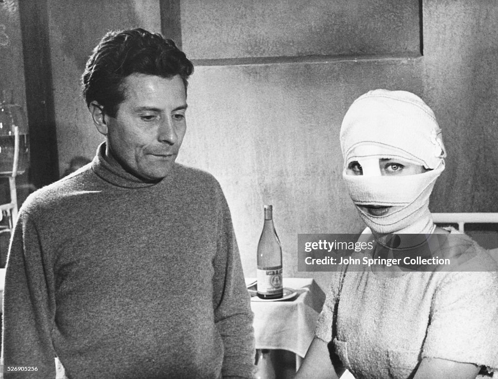 Director George Franju and Juliette Mayniel with Bandaged Head