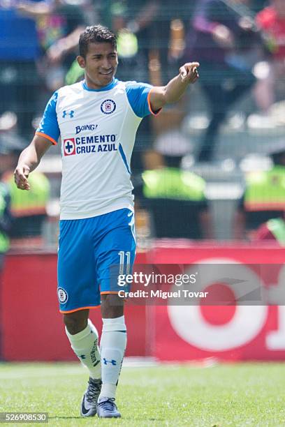 Joao Rojas of Cruz Azul celebrates after scoring during the 16th round match between Toluca and Cruz Azul as part of the Clausura 2016 Liga MX at...