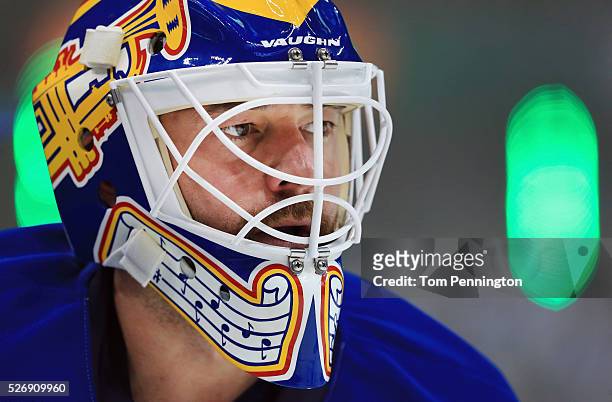 Brian Elliott of the St. Louis Blues skates during pregame the warm up before taking on the Dallas Stars in Game Two of the Western Conference Second...
