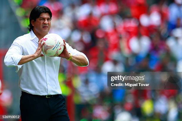 Jose Cardozo coach of Toluca holds the ball during the 16th round match between Toluca and Cruz Azul as part of the Clausura 2016 Liga MX at Nemesio...