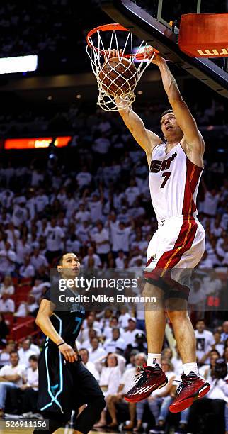 Goran Dragic of the Miami Heat dunks during Game Seven of the Eastern Conference Quarterfinals of the 2016 NBA Playoffs at American Airlines Arena on...