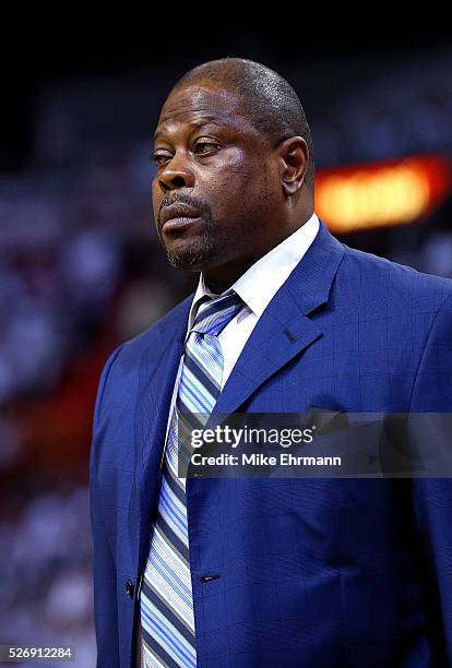 Assistnat Coach Patrick Ewing of the Charlotte Hornets looks on during Game Seven of the Eastern Conference Quarterfinals of the 2016 NBA Playoffs at...