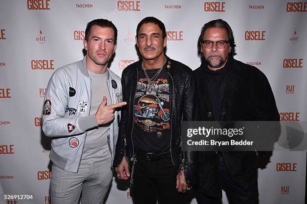 Set designer Jack Flanagan, Nur Khan and photographer Sante D'orazio attend the Gisele Bundchen Spring Fling book launch on April 30, 2016 in New...