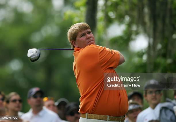 John Daly looks watches his tee shot on the 17th hole during the final round of the Houston Open at the Redstone Golf Club on April 24, 2005 in...