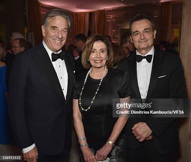 Paul Pelosi, Nancy Pelosi and French ambassador to the U.S., Gerard Araud attend the Bloomberg & Vanity Fair cocktail reception following the 2015...