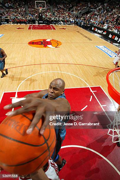 Brendan Haywood of the Washington Wizards blocks a Chicago Bulls shot in Game one of the Western Conference Quarterfinals during the 2005 NBA...