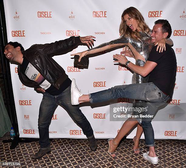 Gisele Bundchen, hairstylist Harry Josh and photographer Nino Munoz attend the Gisele Bundchen Spring Fling book launch on April 30, 2016 in New York...