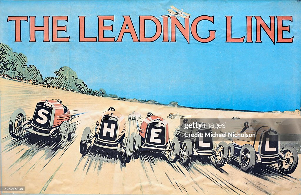 Shell Car Poster A poster for Shell depicts four racing cars on the Brooklands banking ...