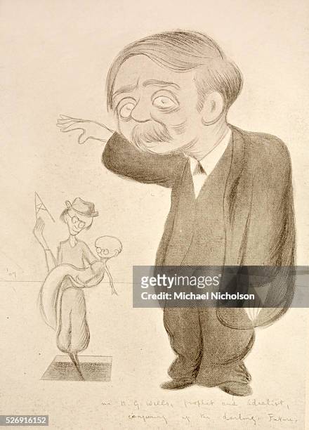 Caricature of H.G. Wells, a believer in the theory of eugenics, ushering in the baby future. The text at the bottom of the drawing reads, "H.G....