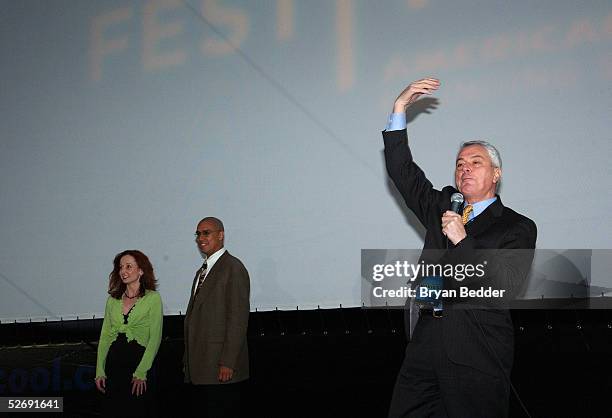 American Ballroom Theatre founder Pierre Dulaine introduces dance instructors Rodney Lopez and Alee Reed at the "Mad Hot Ballroom" drive-in screening...