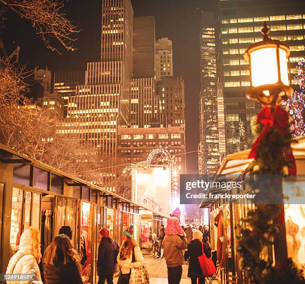 christmas decoration in bryant park - bryant park christmas tree lighting stock pictures, royalty-free photos & images